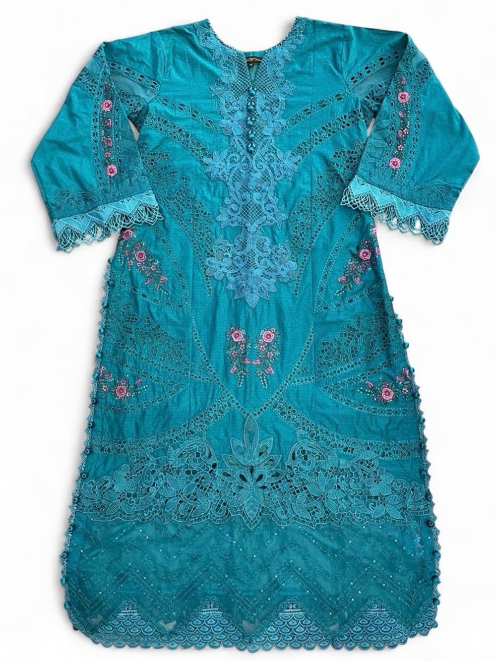 String Thread Teal Blue Lace Embroidered Kurti Pants Dupatta 3pc Suit Set XL New